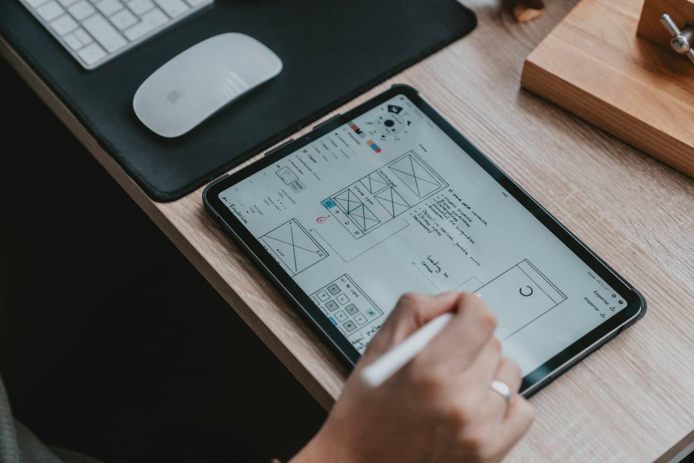 A designer sketching interface frames on a tablet.